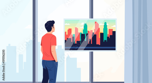 Man Gazing At Abstract Cityscape Artwork