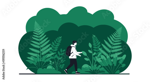 Man Hiking Through Lush Green Fern Forest Landscape Illustration
