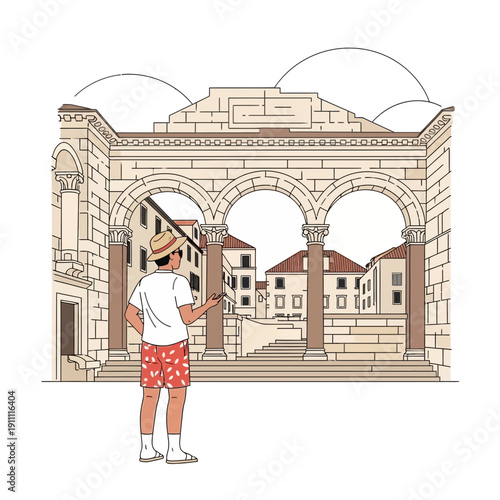 Man Gazing At Historic European Architecture In Summer Clothing