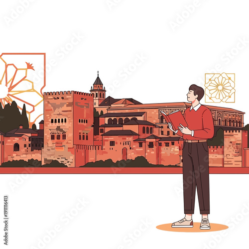 Man Gazing At Historic Alhambra Palace Architecture And Patterns