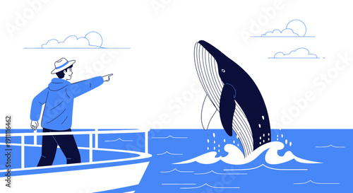 Man Observing A Whale Breaching From A Boat Scenic Ocean Wildlife Encounter