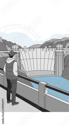 Man Gazing At Massive Hydroelectric Dam Structure Engineering Marvel