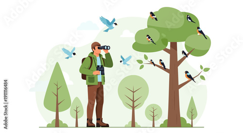 Man Observing Birds In A Forest With Binoculars Nature Exploration And Wildlife Watching