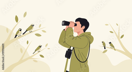 Man Observing Birds Through Binoculars While Standing Among Trees