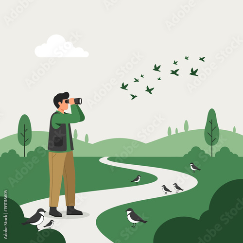 Man Observing Birds While Walking On A Winding Path Amidst Lush Green Hills