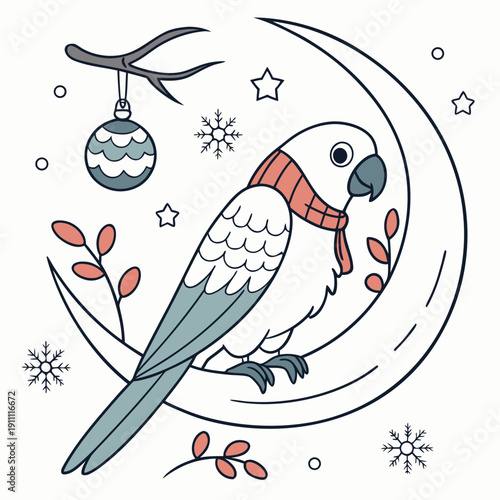 Whimsical Parrot feeling Gentle in a Winter setting with sitting on a moon – colored in Winter Wonderland