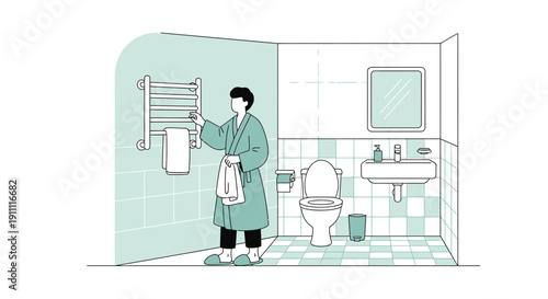 Man In Robe Reaching For Towel On Heated Rack In Modern Bathroom