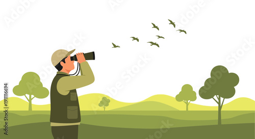 Man Observing Flock Of Birds Through Binoculars In Verdant Landscape