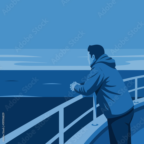 Man Gazing Out At The Vast Ocean From A Ship Deck