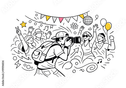 Festival photography vibe. Photographer moving through a crowd, capturing colorful moments, raised hands and