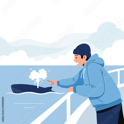 Man Observing Whale Spouting Water In The Ocean From A Boat
