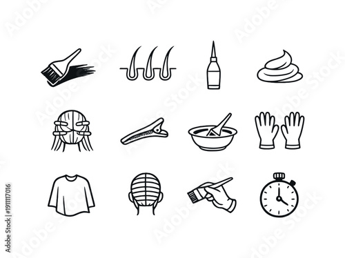 Professional hair dye application. Line outline icon set of Professional hair dye application: dye brush