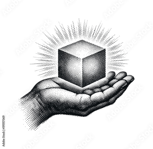 Human hand holding a glowing cube-like form, metaphor for manifestation and control, black and white halftone