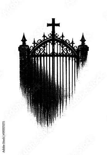 Tall wrought-iron church gate partially illuminated, vertical bars dissolving into shadow, gothic religious