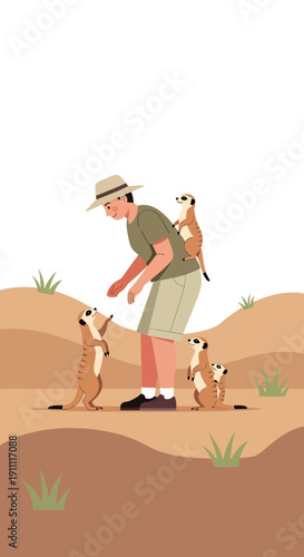 Man Interacts With Meerkats In Natural Desert Habitat Safari Adventure