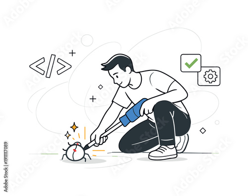 Bug Resolution. Developer-like character fixing a small glitch icon with a tool, code brackets and sparks