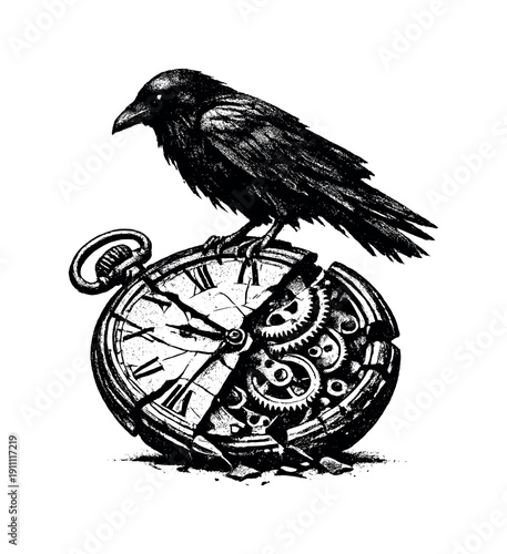 Time's Decay Symbolized. Dark crow balanced atop a fractured pocket watch with exposed gears, symbolic of