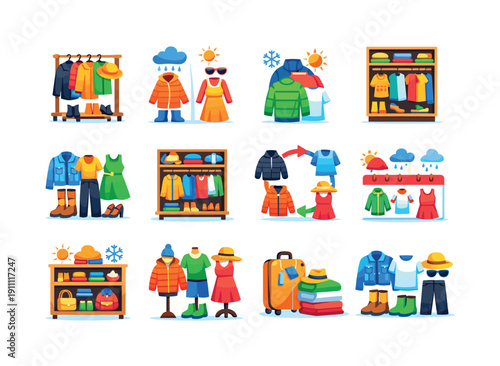 All weather wardrobe. Colorful flat vector icons set of All weather wardrobe: seasonal clothing rack, rain to