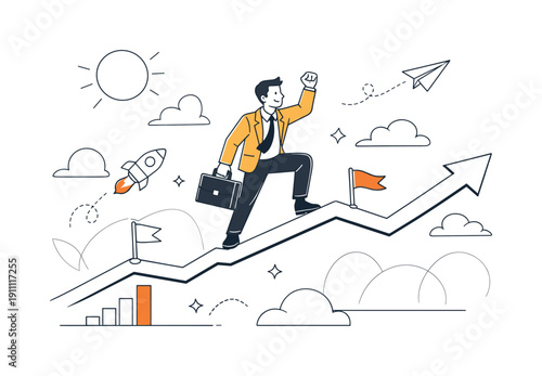 Business Growth Kickoff. Character standing on an upward graph line, flags marking first milestones, abstract