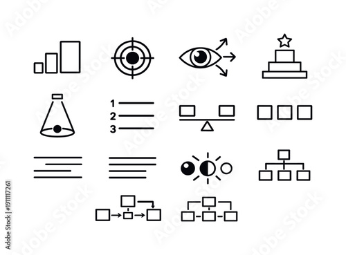 Visual Design Icons. Visual hierarchy in design. Line outline icon set of Visual hierarchy in design: size