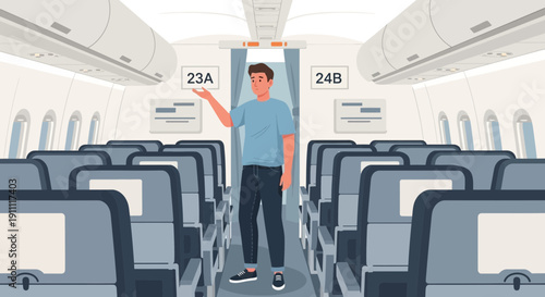 Man Navigating Airplane Cabin Showing Seat Numbers Finding Passenger Seat Assignment Clearly