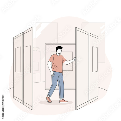 Man Navigating Modern Art Gallery Exhibition Space