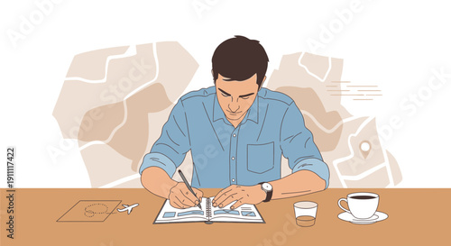 Man Planning A Journey In A Notebook With Coffee And Map Background