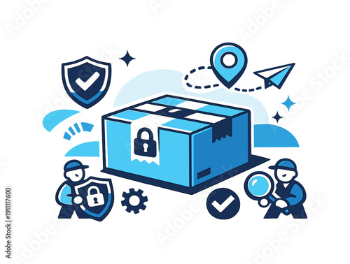 Secure Parcel Illustration. Secure package concept. A sealed parcel resting on a surface, icons of protection