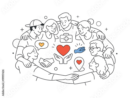 Community Care. People forming a supportive circle with heart and help icons floating between them. Feeling of