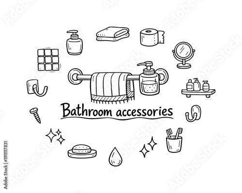 Bathroom accessories. Hand-drawn doodle illustration of Bathroom accessories. In the middle, one slightly