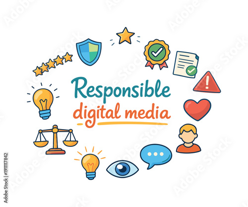 Responsible digital media. Hand drawn illustration of Responsible digital media. shield, checkmark badge,
