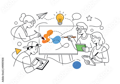 Artistic collaboration. Creatives working together around a shared canvas, hands holding brushes and tablets,