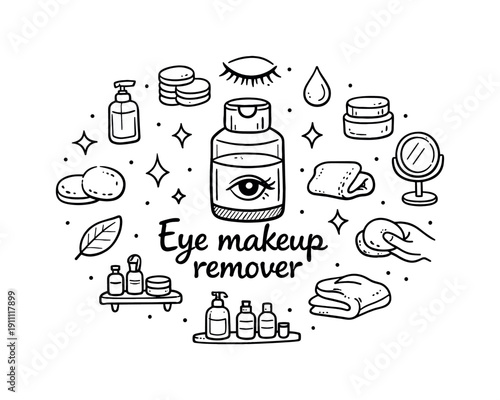 Eye makeup remover. Hand-drawn doodle illustration of Eye makeup remover. In the middle, one slightly larger