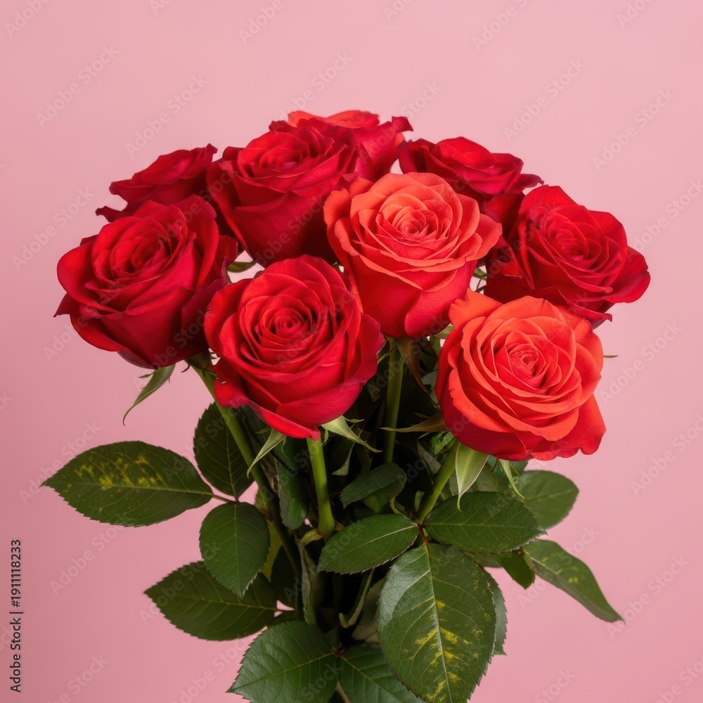 Obraz premium A vibrant bouquet of red roses in full bloom against a soft pink background