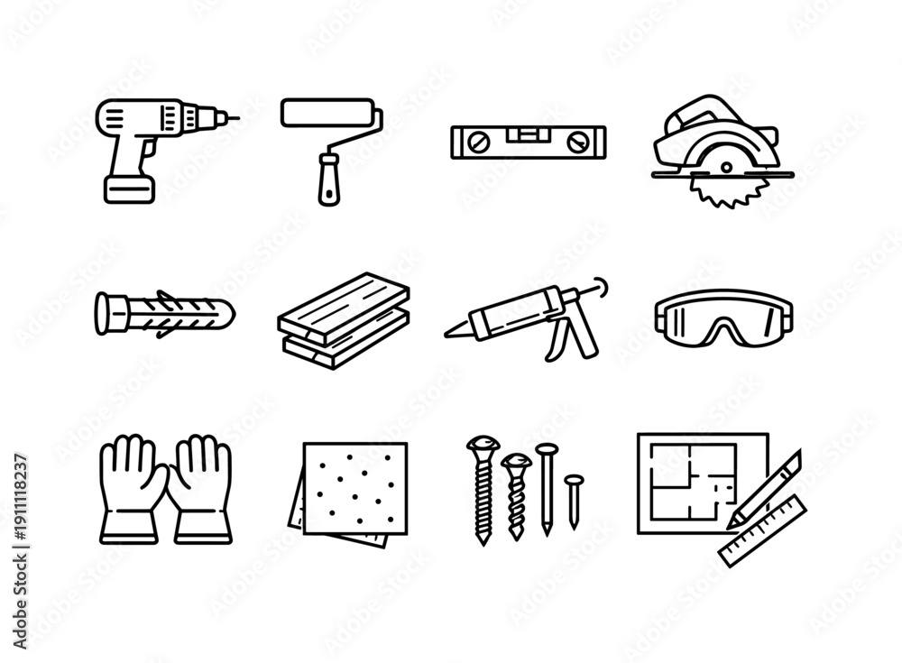 Fototapeta premium DIY home improvement. Line outline icon set of DIY home improvement: drill machine, paint roller, level tool,