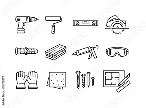 DIY home improvement. Line outline icon set of DIY home improvement: drill machine, paint roller, level tool,