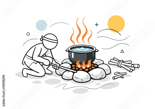 Primitive fire preparation. Simple fire pit with stones, pot placed above glowing embers, abstract heat waves