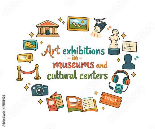 Art exhibitions in museums and cultural centers. Hand drawn illustration of Art exhibitions in museums and