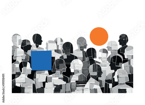 An abstract crowd of black-and-white human silhouettes built from overlapping paper fragments, documents,