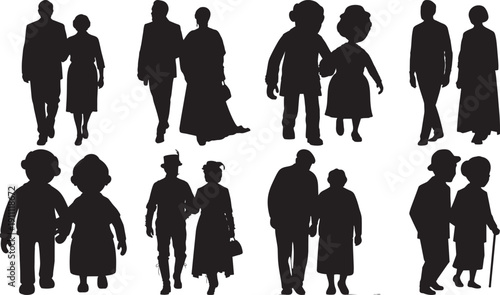 Silhouettes of People Walking Together Isolated on White Background