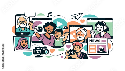 Diversity in modern media. People of different cultures and ages appearing inside social feeds, cameras and