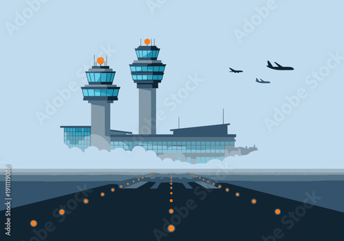 Modern airport fog tower illustration. Two control towers oversee a runway with aircraft. Clean, graphic style, ideal for travel and aviation themes.