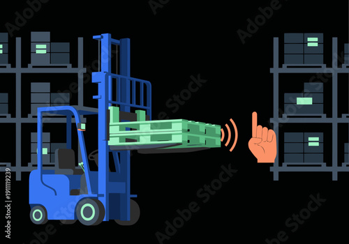 A semi-automatic forklift picks a pallet with a pointing gesture, showcasing warehouse automation. Clean, modern illustration for logistics and technology concepts.
