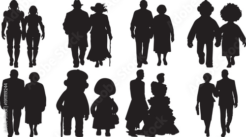 Silhouettes of People Walking Together Isolated on White Background