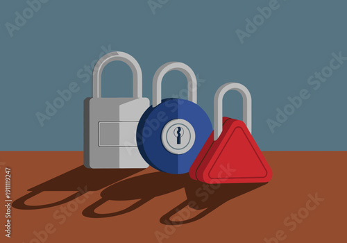 Secure locks layered with titanium and steel, highlighted against a crimson warning.  Multi-layer lock secure design. Modern, professional, and visually striking.