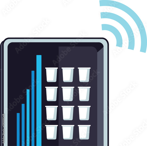 A sleek tablet dispenses medication with an IoT dispenser. Modern health tech illustration. Clean, digital design. Perfect for healthcare and technology concepts.