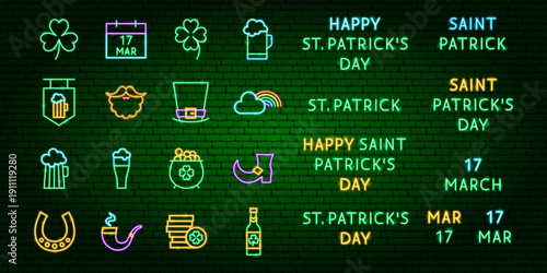 Saint Patricks Day Neon Set. Vector Illustration of Glowing Led Lamp Irish Icons. Big Symbols Set. Lucky 17 March Objects.