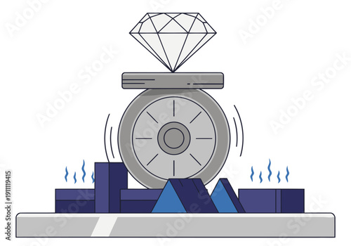 A stylized illustration depicts a lab process polishing a diamond with a rotating wheel. Clean lines and a modern aesthetic showcase the gem's brilliance. Perfect for business or technology visuals.