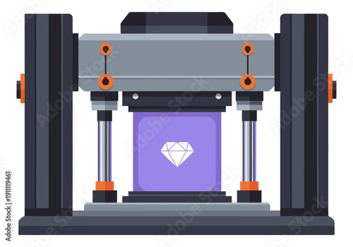 A stylized illustration showcases a diamond press with a shimmering gem inside. Modern, technical design with a purple backdrop. Ideal for tech, innovation, and industrial themes.