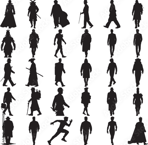Silhouettes of People Walking Isolated on White Background